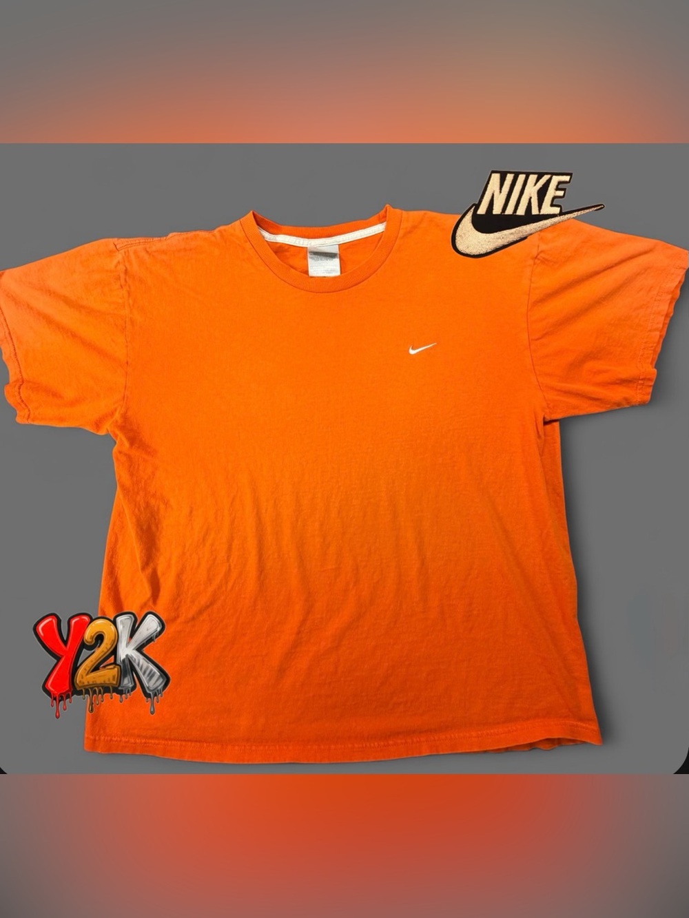 Nike T-Shirt Mens L Orange White Small Swoosh Embroidered Logo 22.5x25 Y2K
